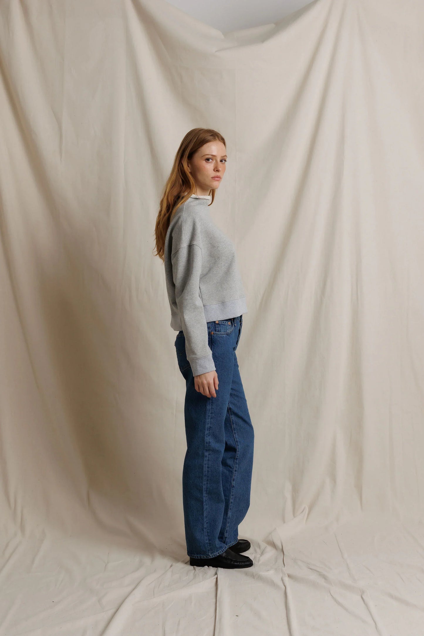perfectwhitetee Arden french terry sweatshirt in Heather Grey, alternate view on model