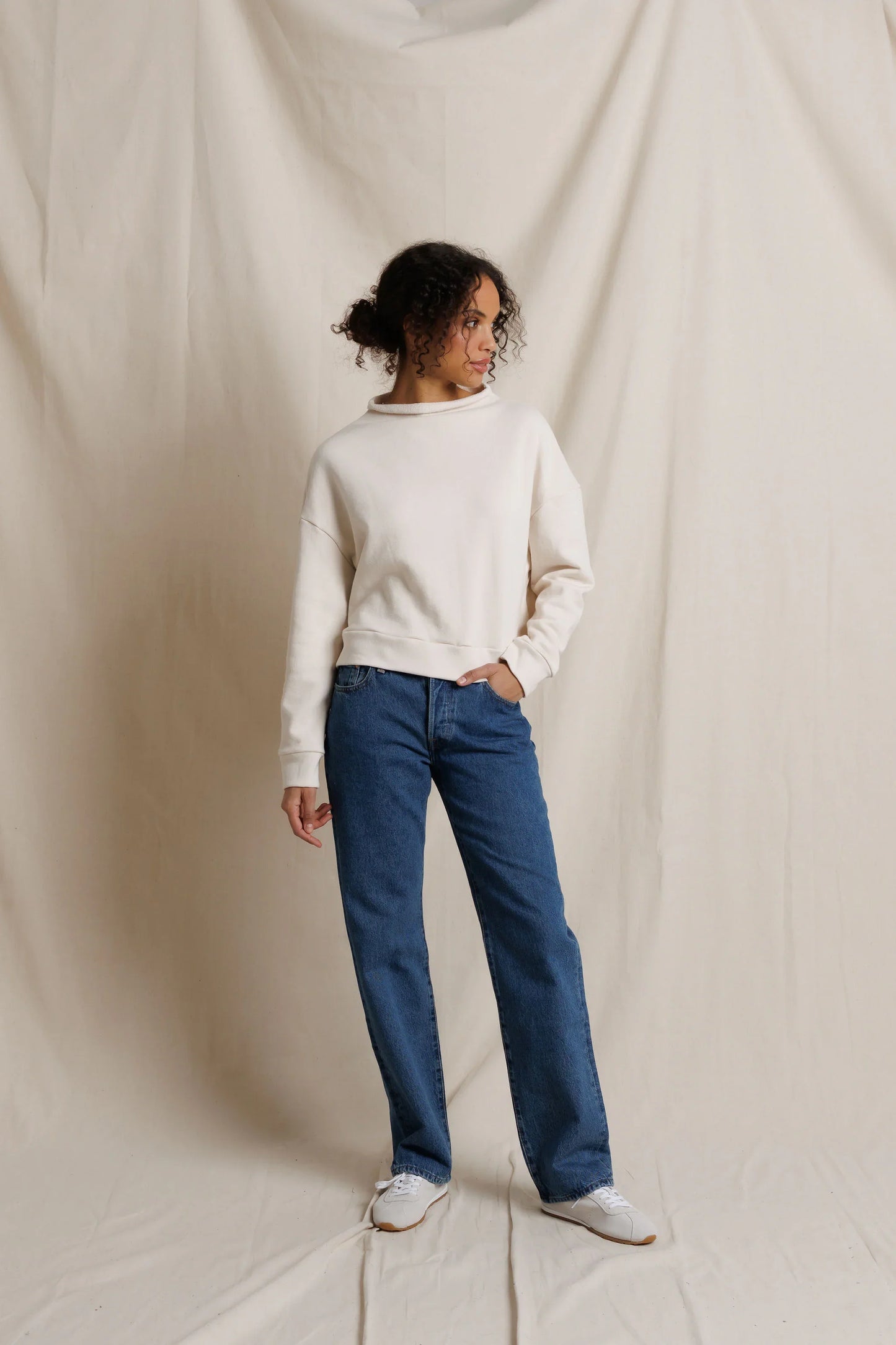 perfectwhitetee Arden french terry sweatshirt in Sugar, alternate view on model