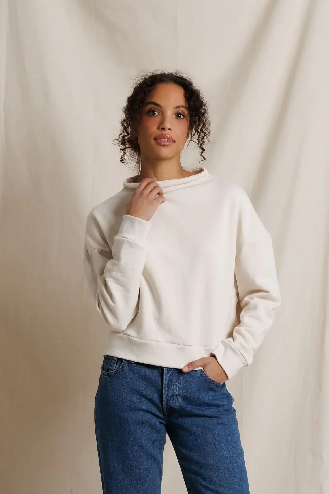 perfectwhitetee Arden french terry sweatshirt in Sugar, shown on model