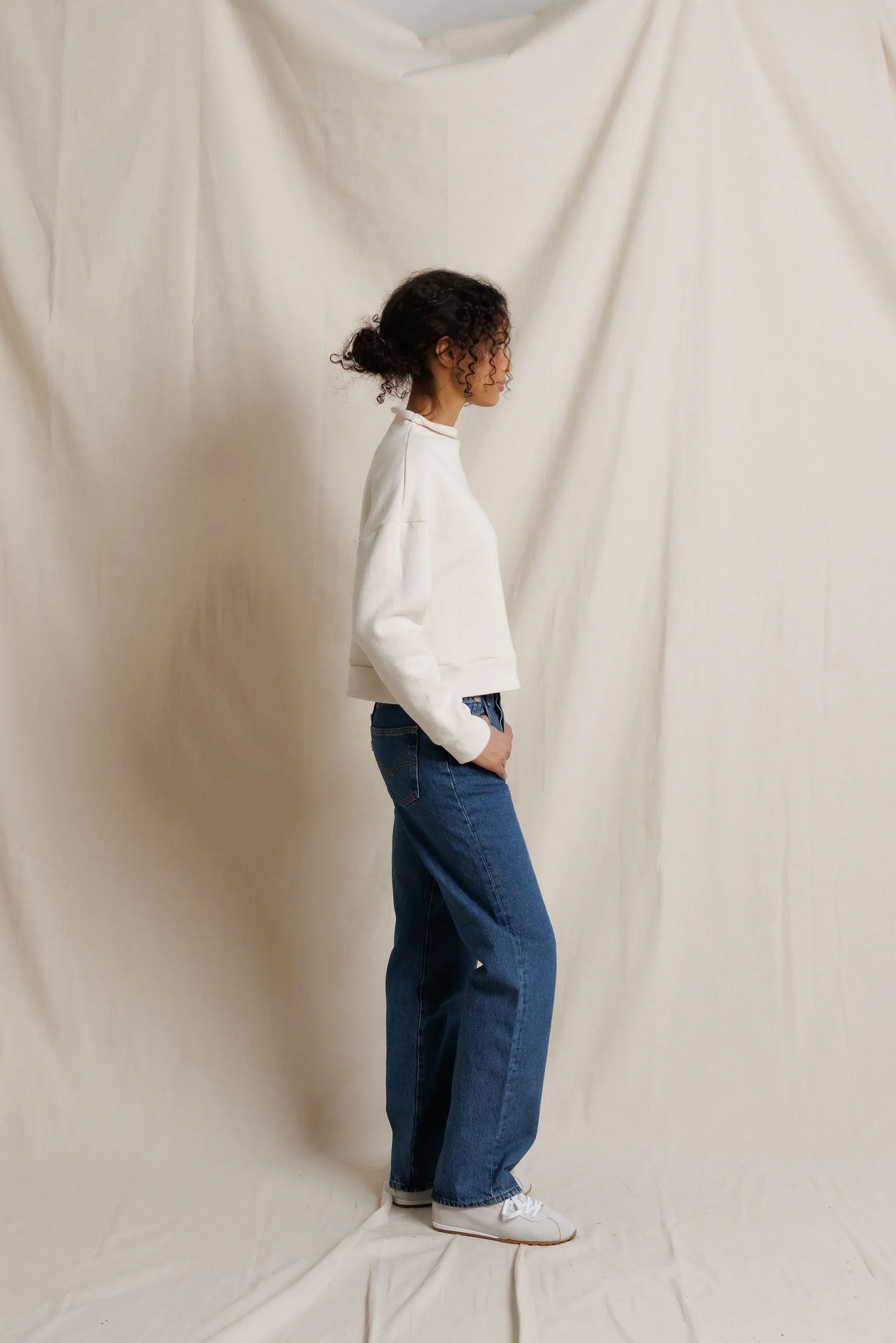 perfectwhitetee Arden sweatshirt in Sugar, alternate view on model