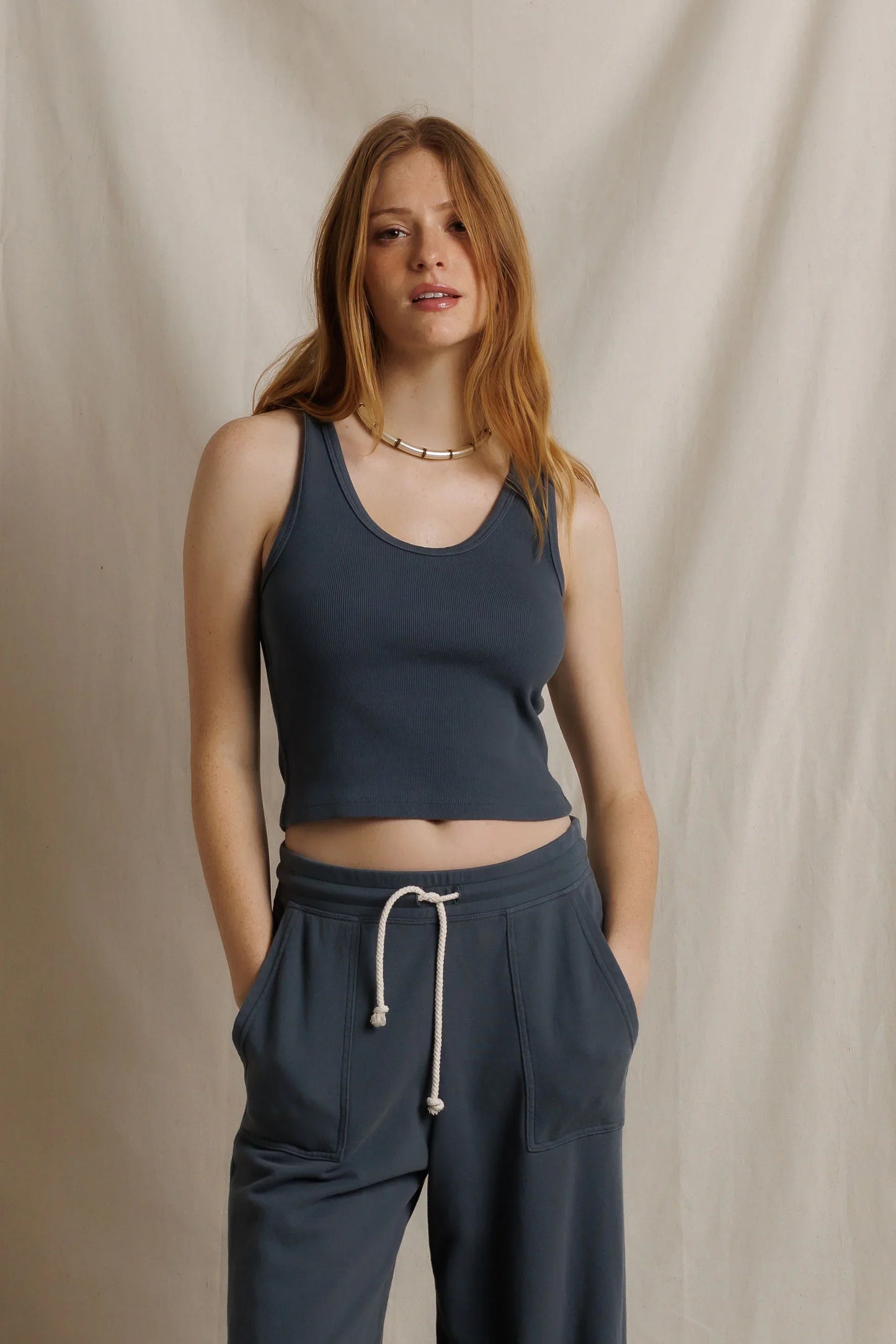perfectwhitetee Blondie rib tank in Turbulence, shown on model