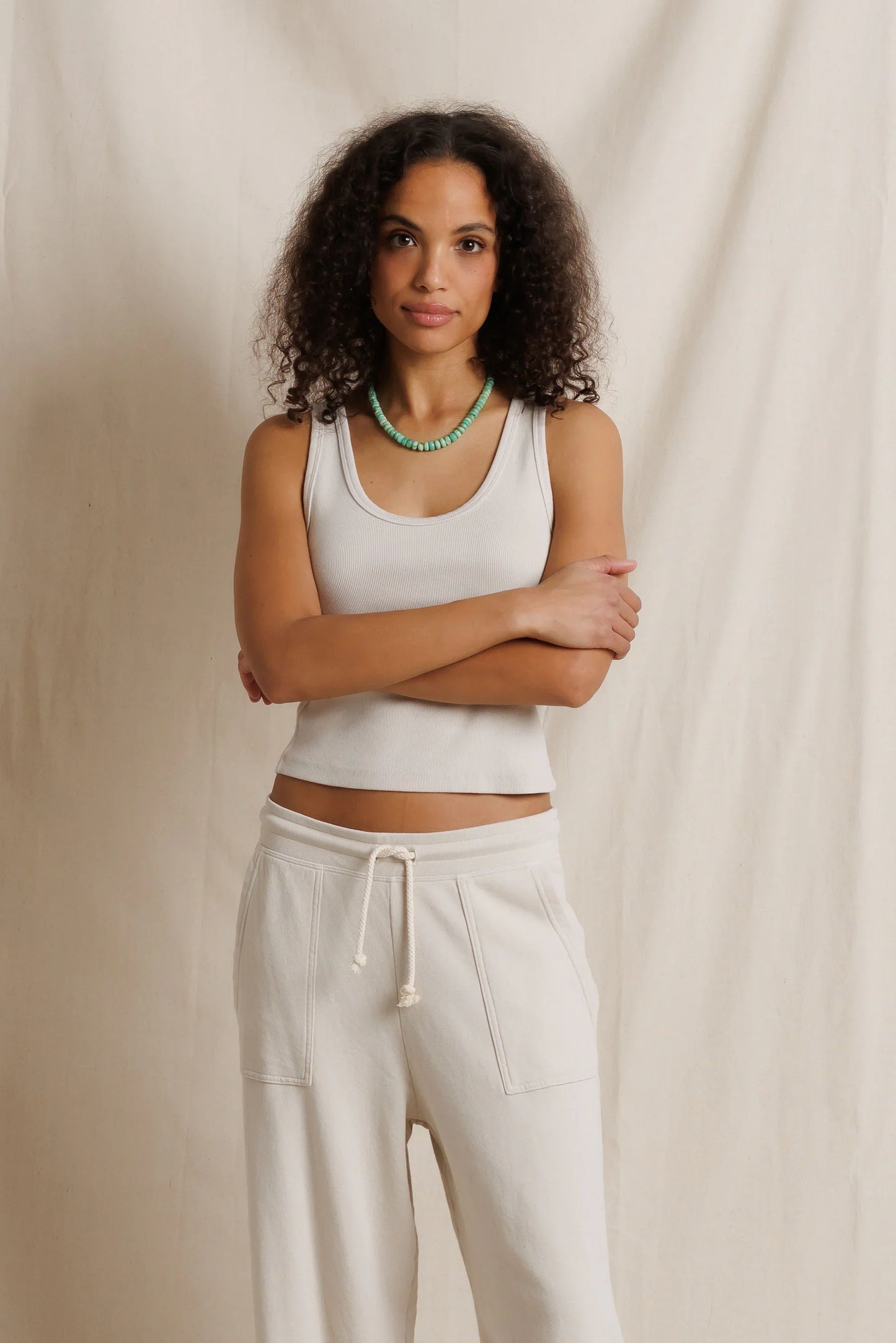 perfectwhitetee Blondie rib tank in Whitecap Grey, shown on model