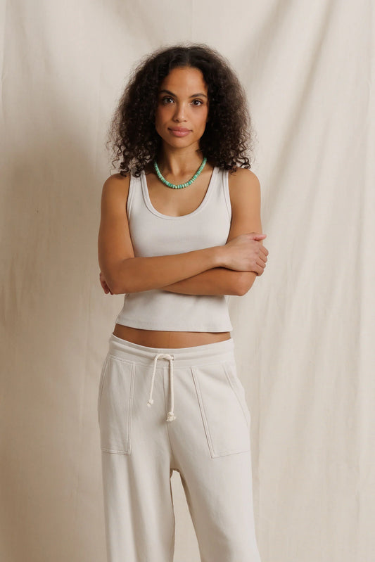 perfectwhitetee Blondie rib tank in Whitecap Grey, shown on model