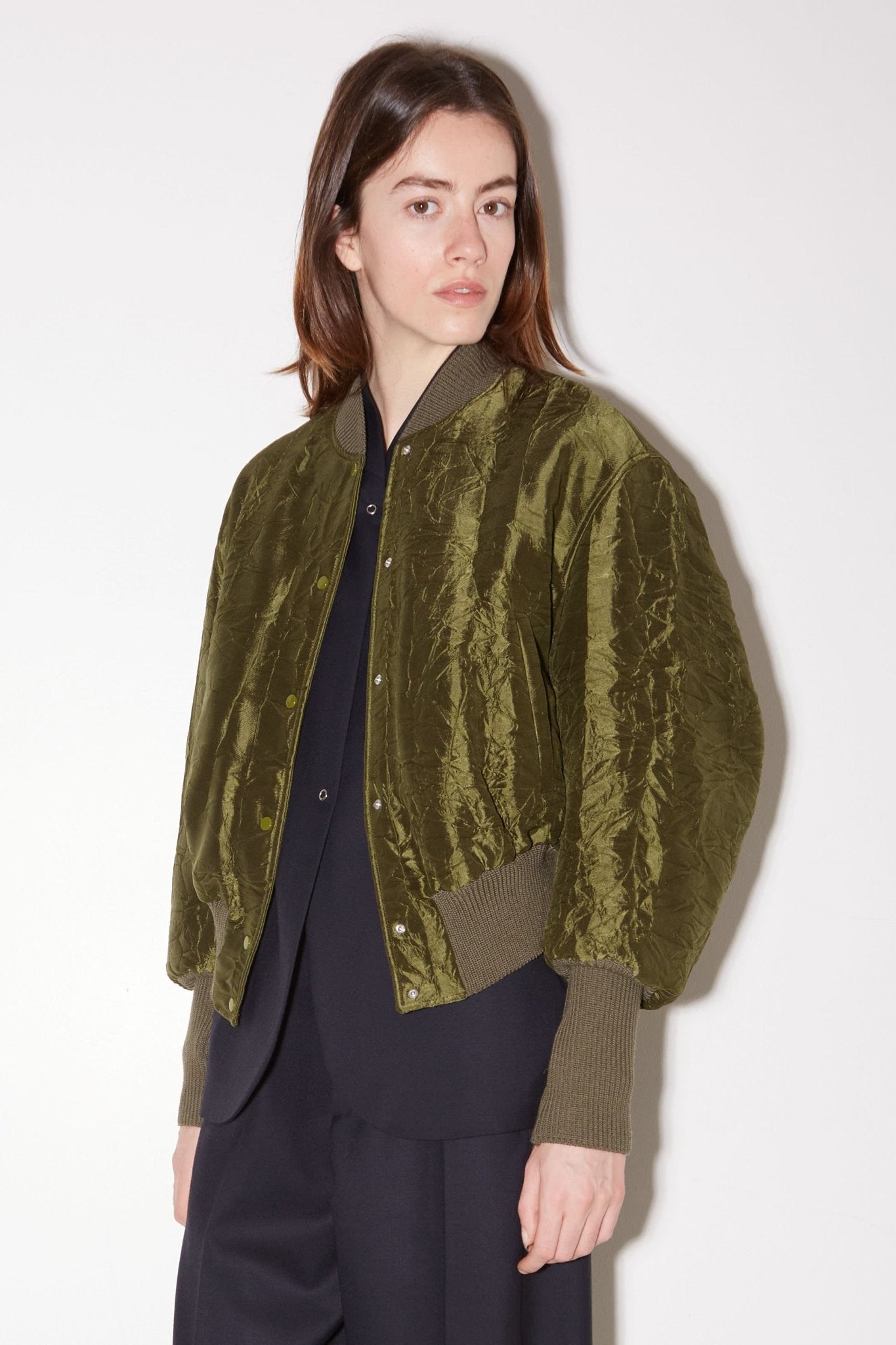 Roseanna Puzzle Jacket in Army crinkled acetate satin, shown on model