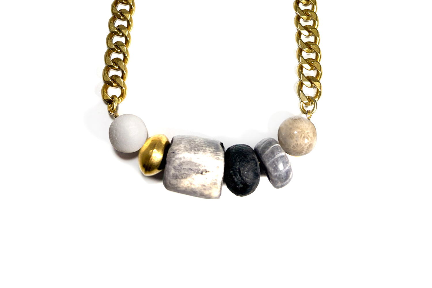 Rachel Nathan Big Beaded: Coral & Bone necklace, full front view of oversized coral and bone beads on brass curb chain