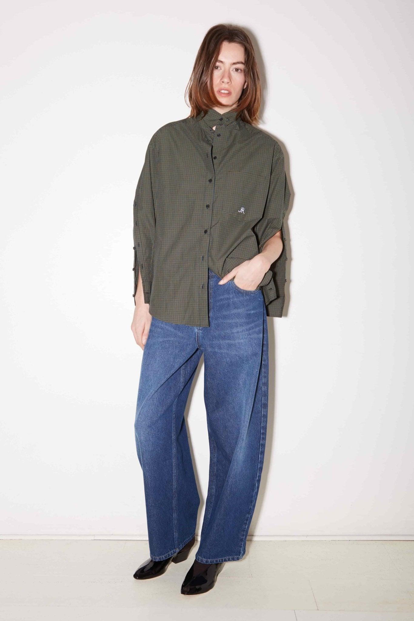 Roseanna First Shirt in Charcoal checked cotton poplin, shown on model
