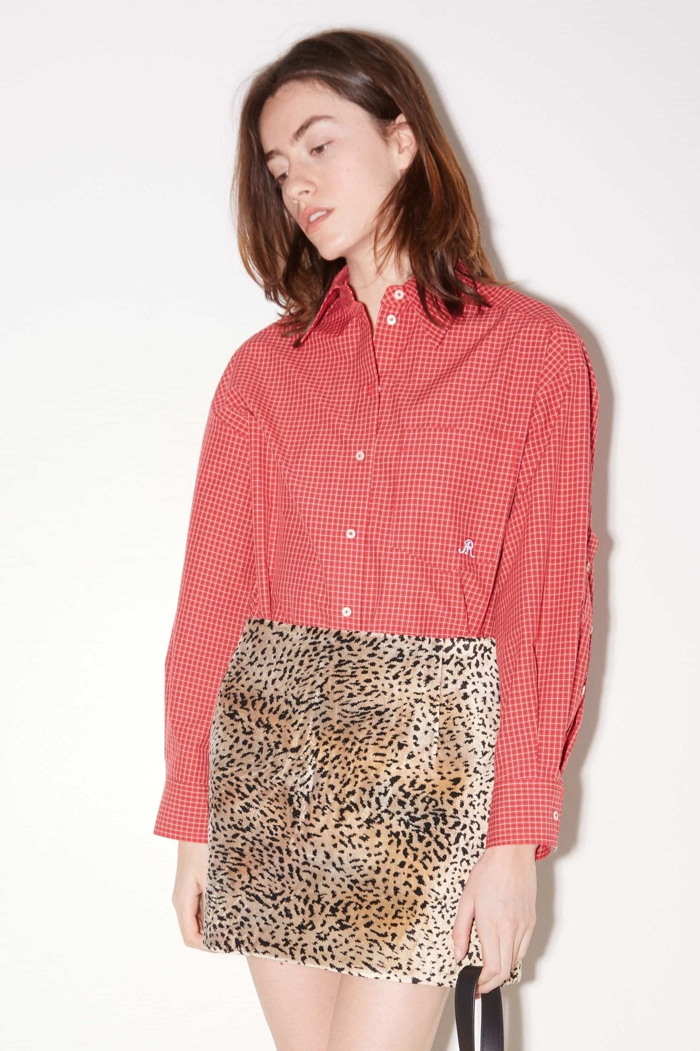 Roseanna First Shirt in Red checked cotton poplin, shown on model
