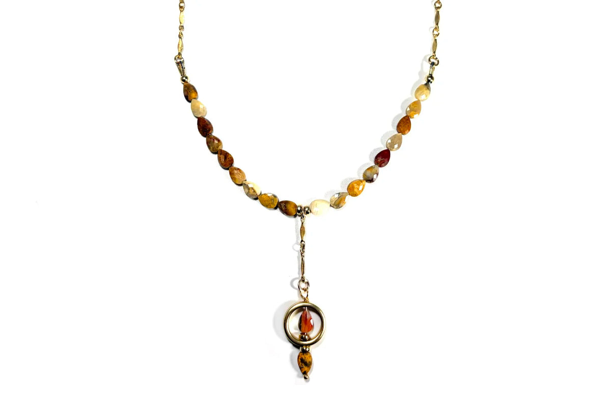 Rachel Nathan Crazy Lace Agate Pear Shape Y necklace, full front view of faceted amber and cream agate on gold-filled ribbon chain