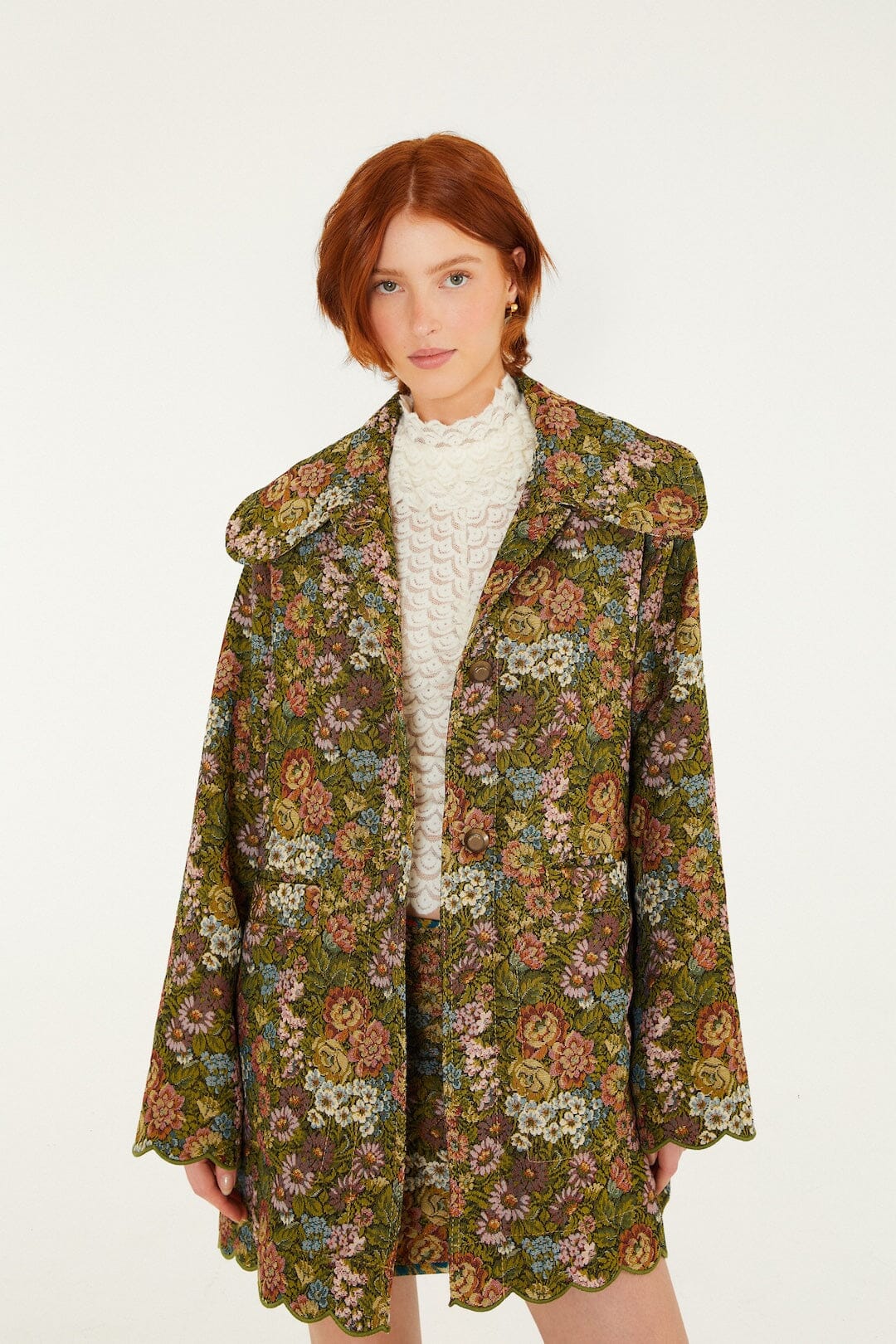 Farm Rio Flower Jacquard Trenchcoat in Green, shown on model