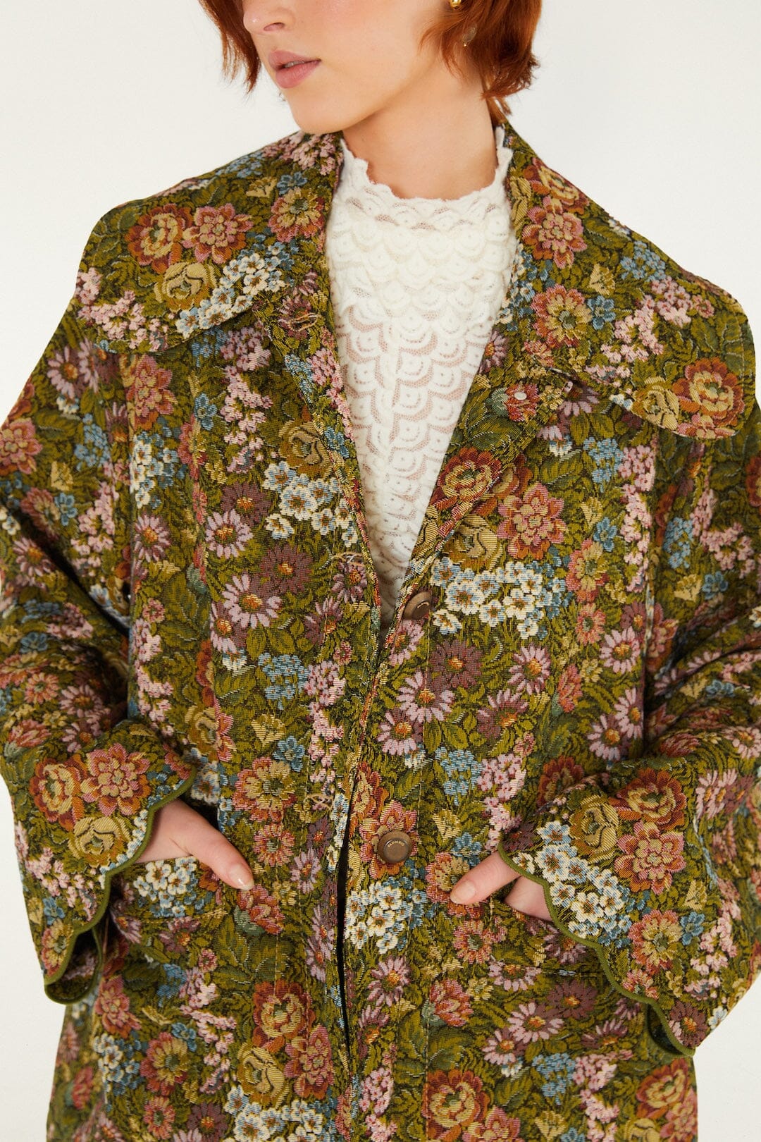 Farm Rio Flower Jacquard Trenchcoat in Green, alternate view on model