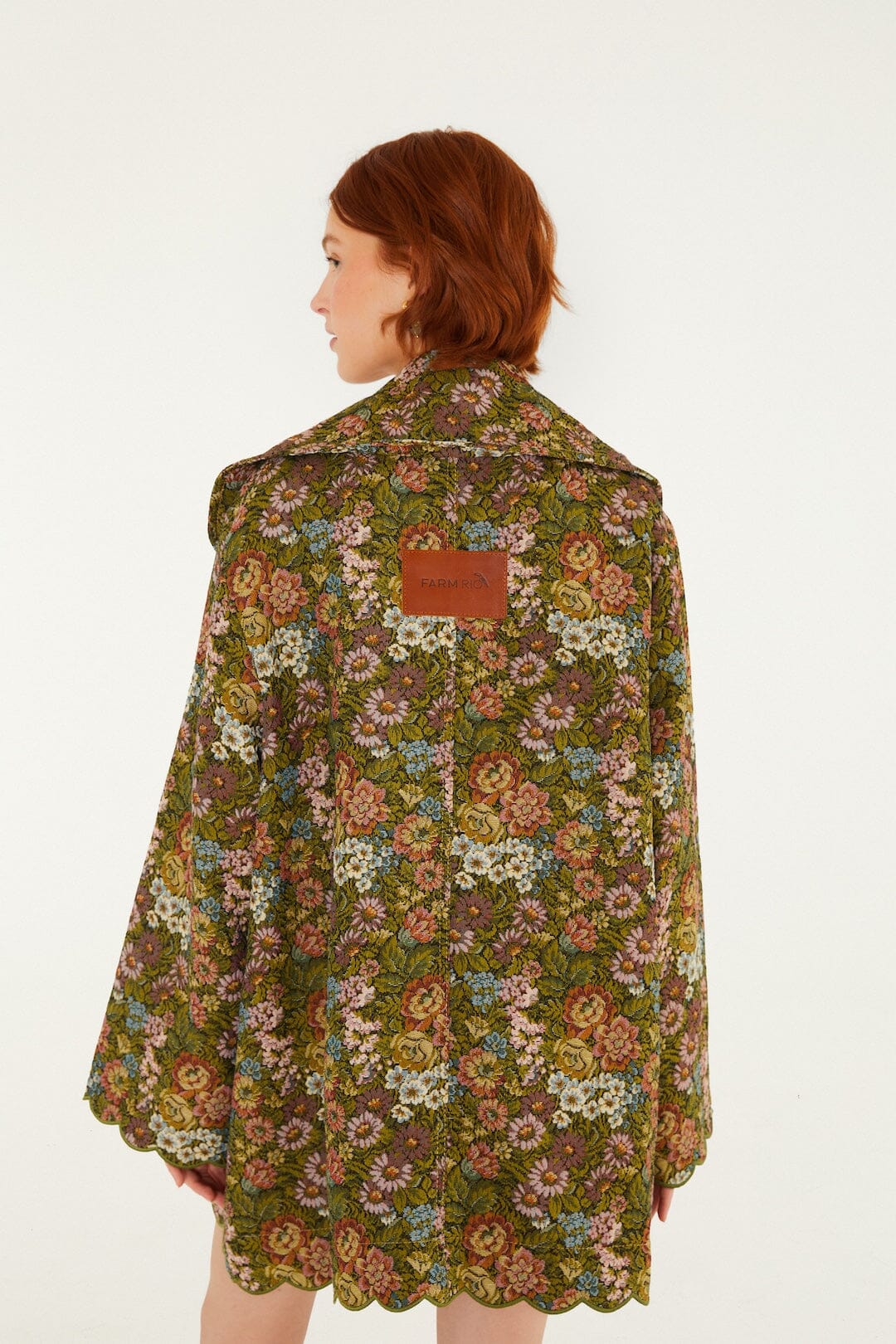 Farm Rio Flower Jacquard Trenchcoat in Green, additional view showing the floral jacquard
