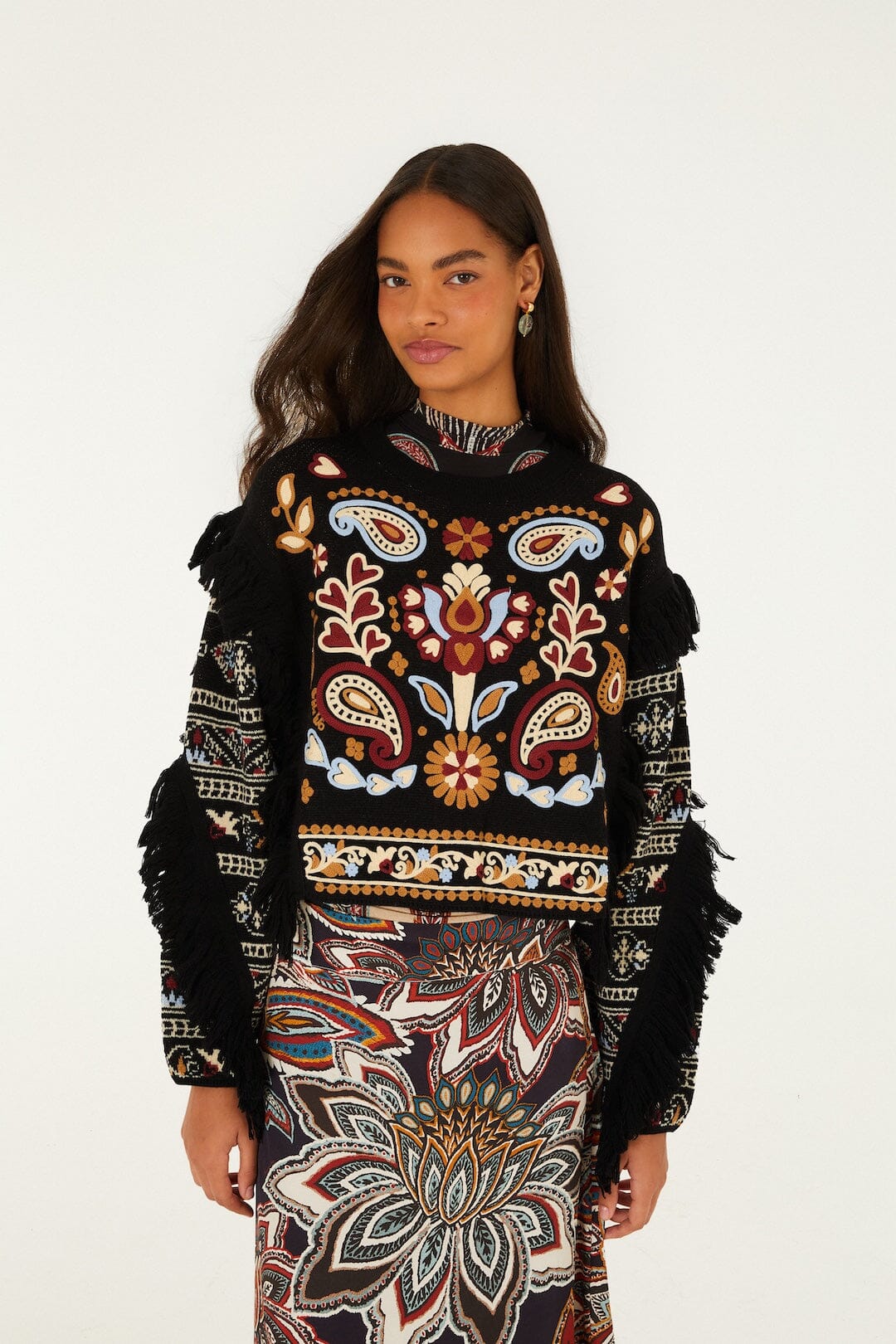 Farm Rio Love Paisley Fringe Sweater