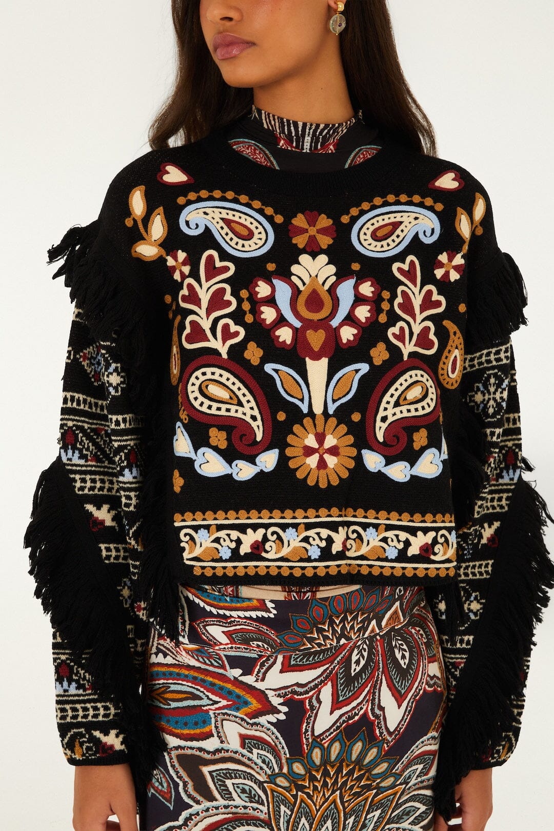 Farm Rio Love Paisley Fringe Sweater