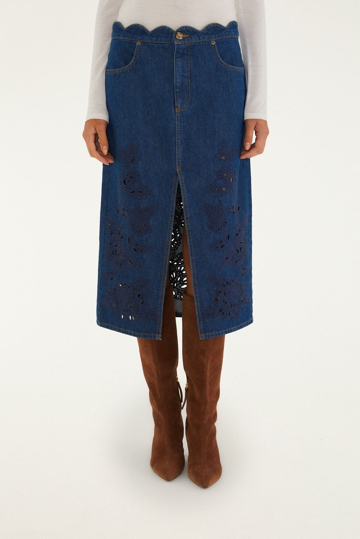 Farm Rio Richelieu Midi Skirt in Denim, alternate view on model