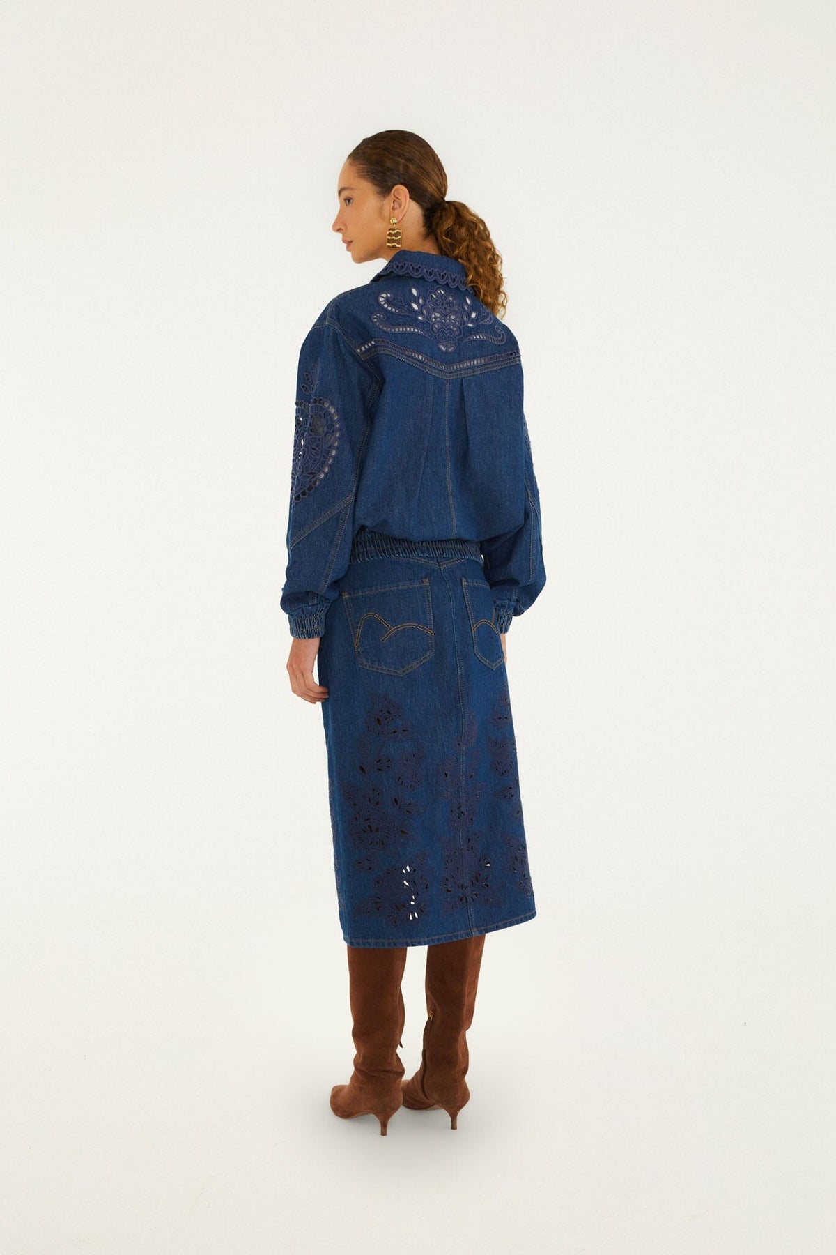 Farm Rio Richelieu Midi Skirt in Denim, additional view showing the front slit and embroidery