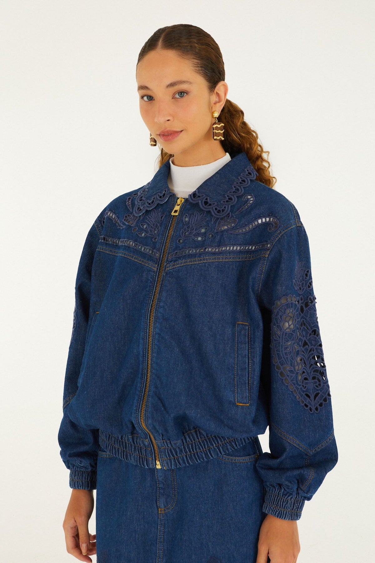 Farm Rio Richelieu Heart Jacket in Denim, shown on model