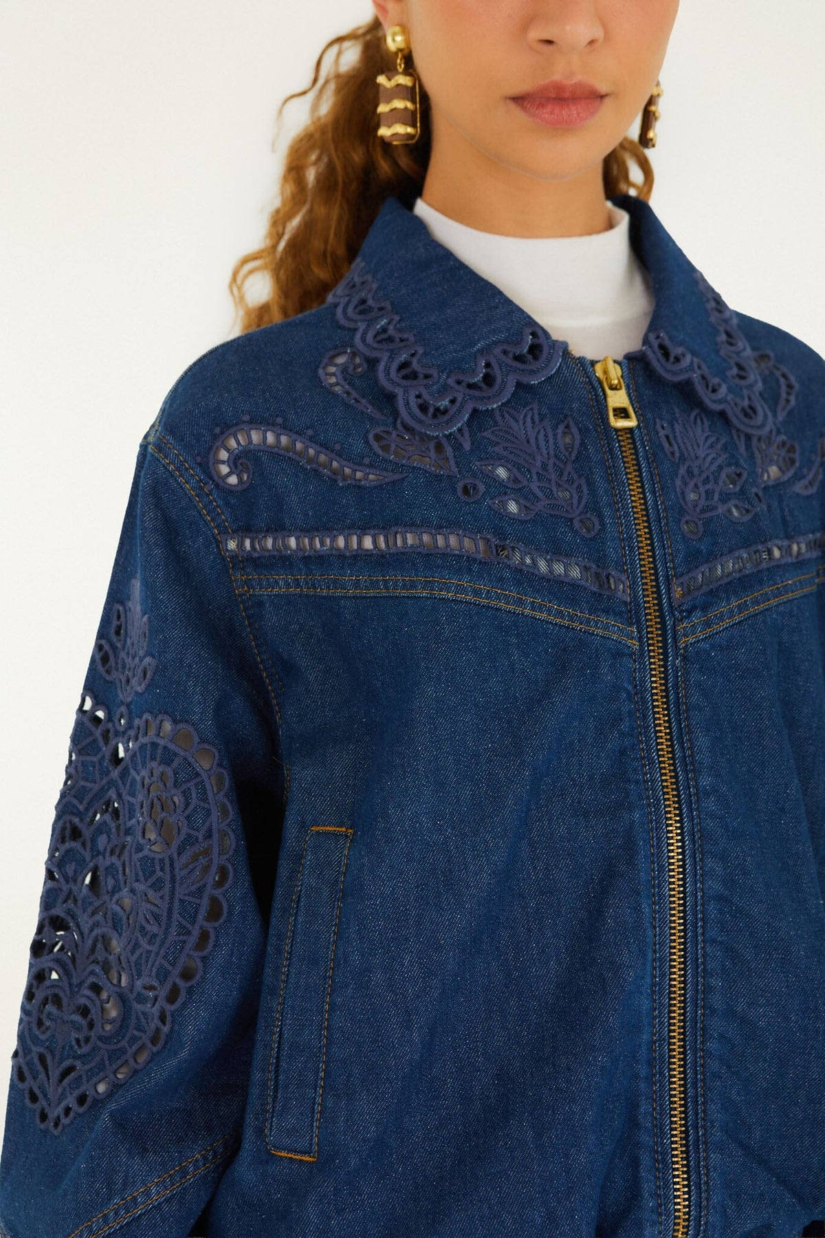 Farm Rio Richelieu Heart Jacket in Denim, alternate view on model