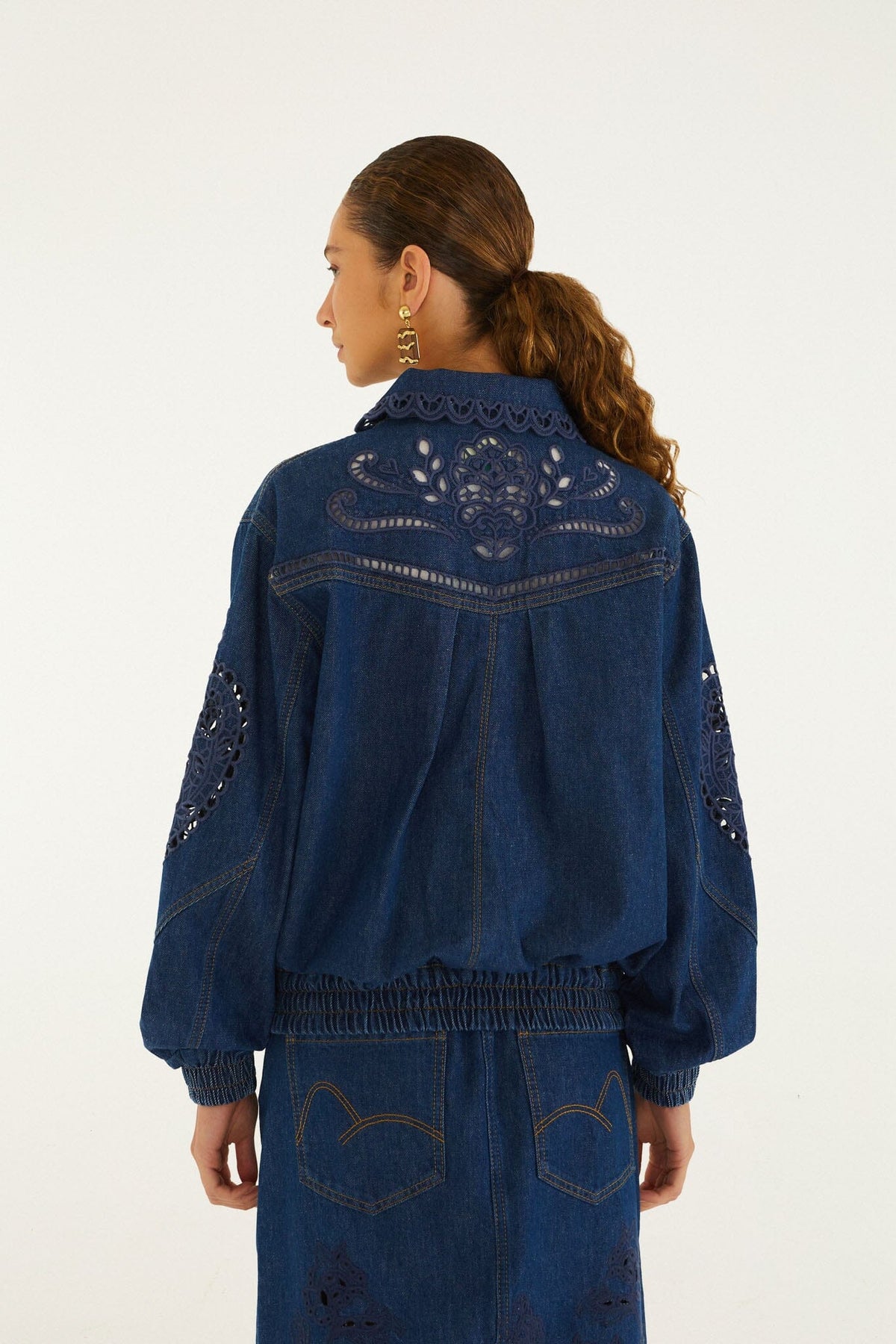 Farm Rio Richelieu Heart Jacket in Denim, additional view showing the heart cutwork