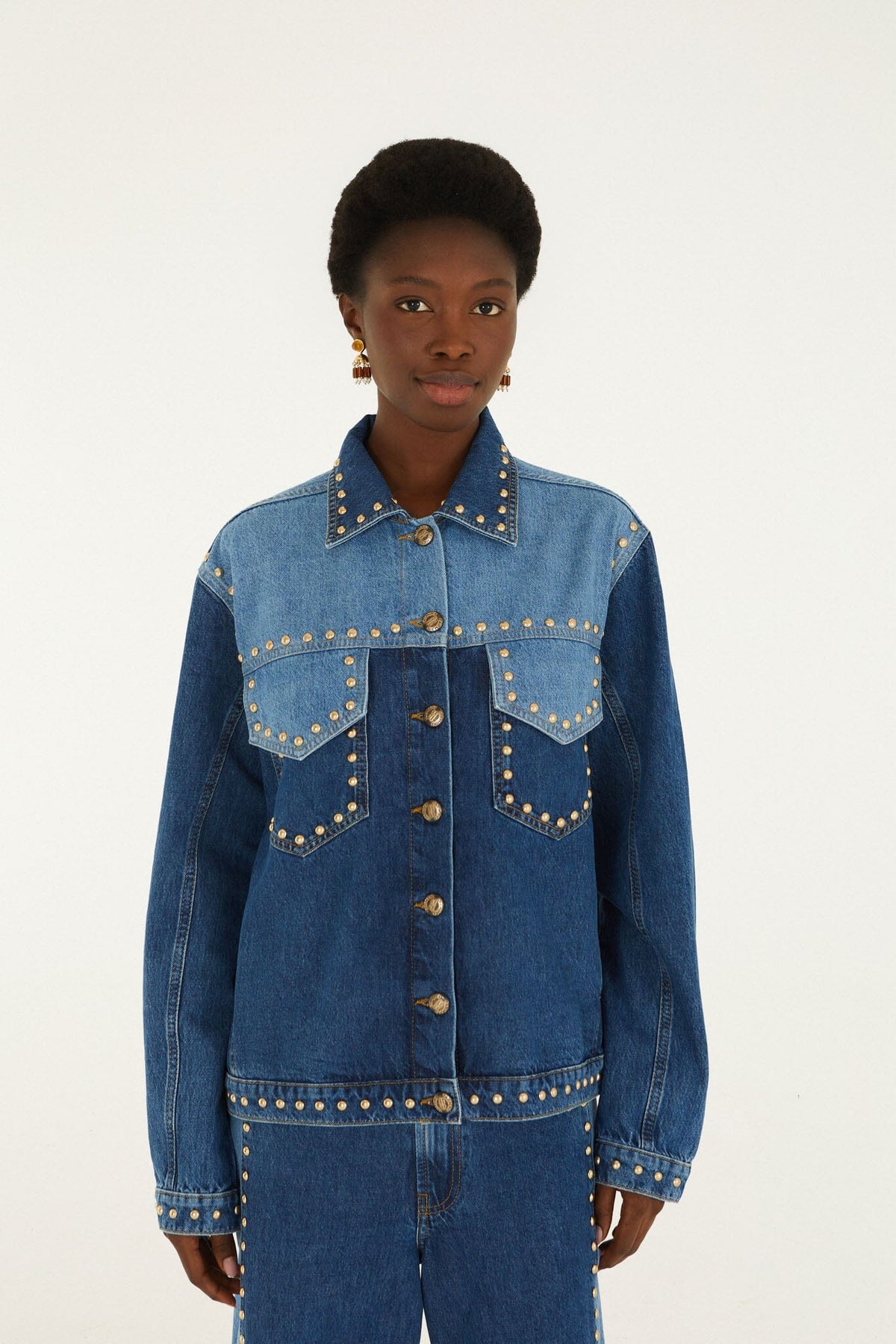Farm Rio Studs Metal Jacket in Denim, shown on model