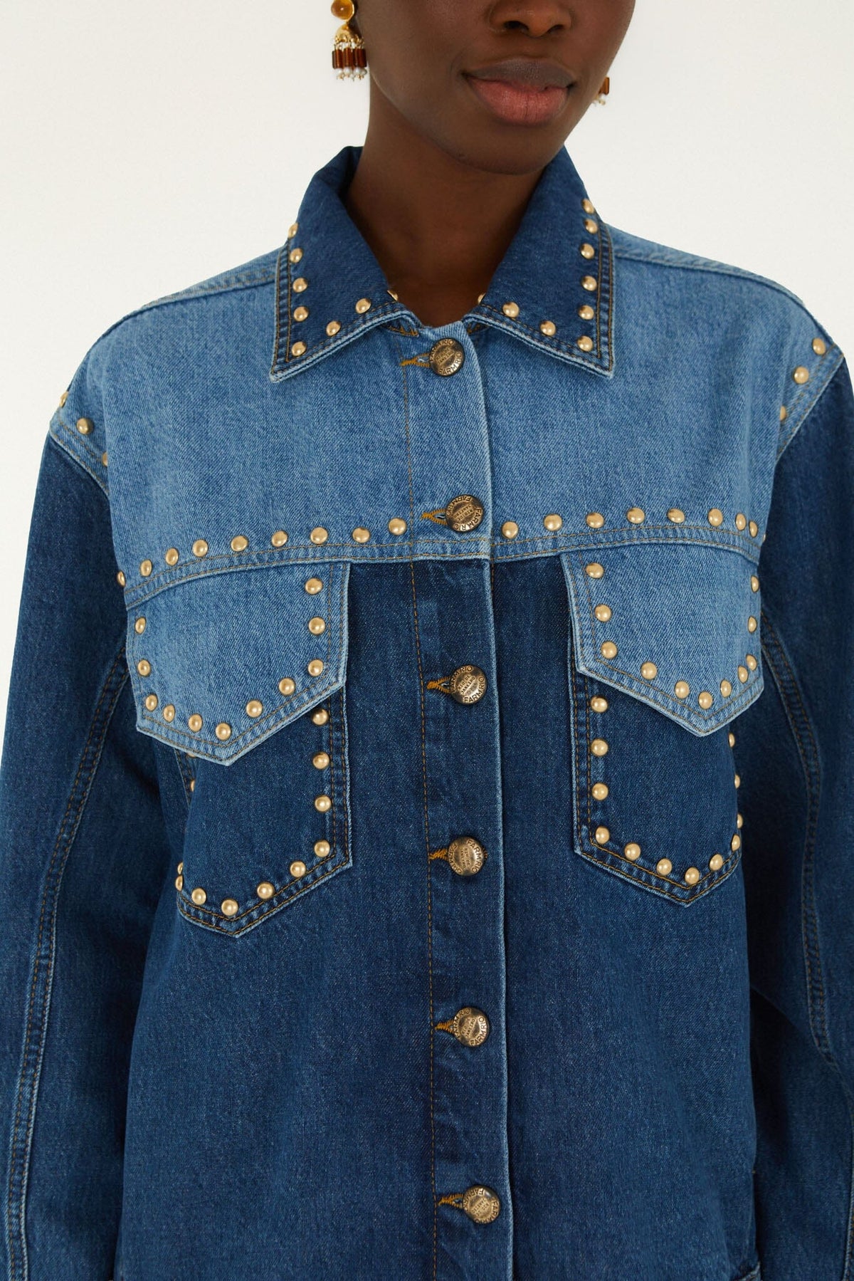 Farm Rio Studs Metal Jacket in Denim, alternate view on model
