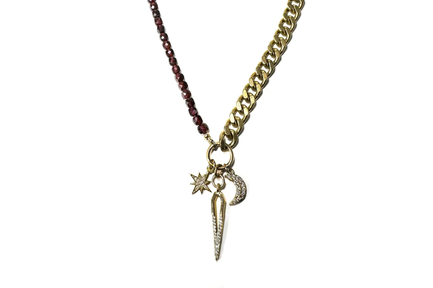 Rachel Nathan Garnet & Celestial Charms necklace, full front view of garnet cubes with gold-filled celestial charms on brass curb chain