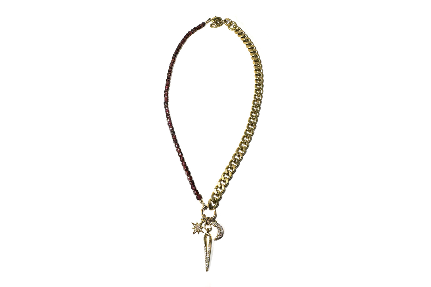Rachel Nathan Garnet & Celestial Charms necklace, alternate full view