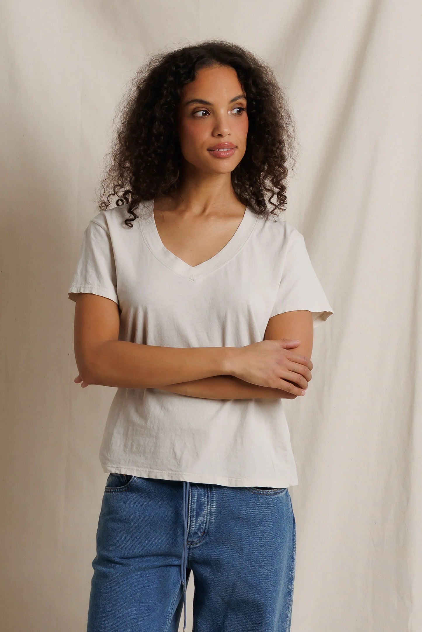 perfectwhitetee Hendrix boxy v neck tee in Whitecap Grey, shown on model