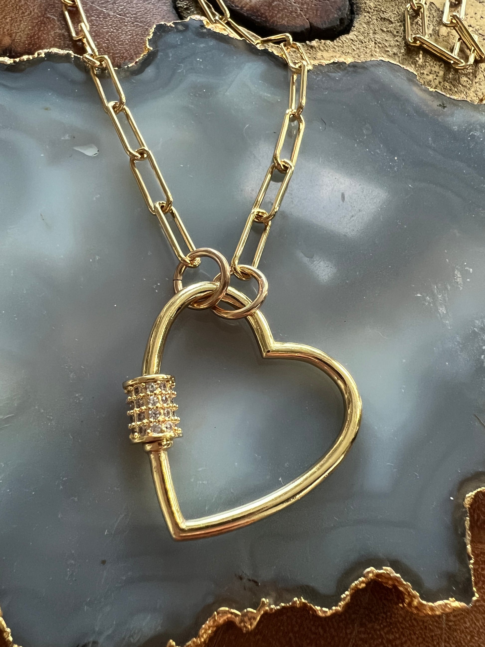 Heart Pave Connector Necklace on 28 Safety Pin Chain
