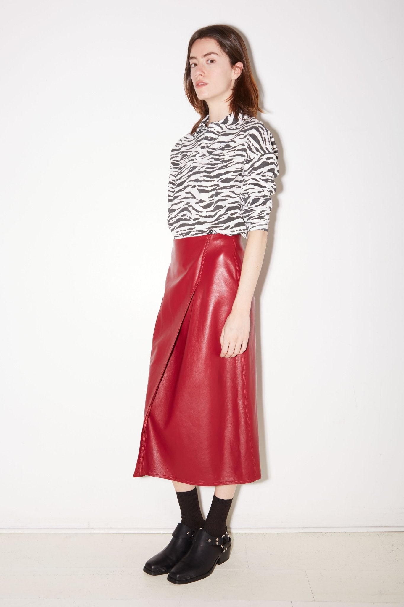 Roseanna Martin Skirt in Lipstick lamb leather, shown on model