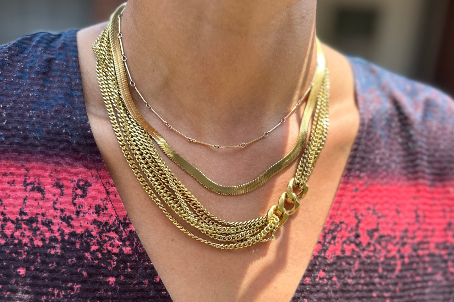 Rachel Nathan The Link: For Play necklace shown on model, close view at the neckline