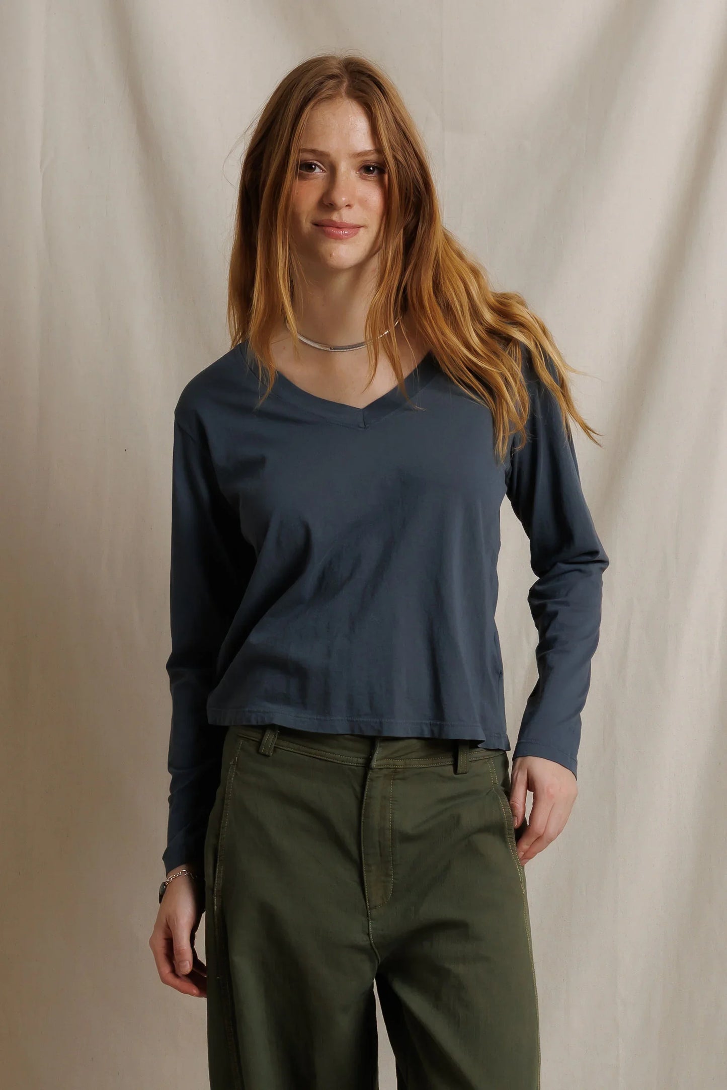 perfectwhitetee Hendrix Long Sleeve v neck tee in Turbulence, shown on model