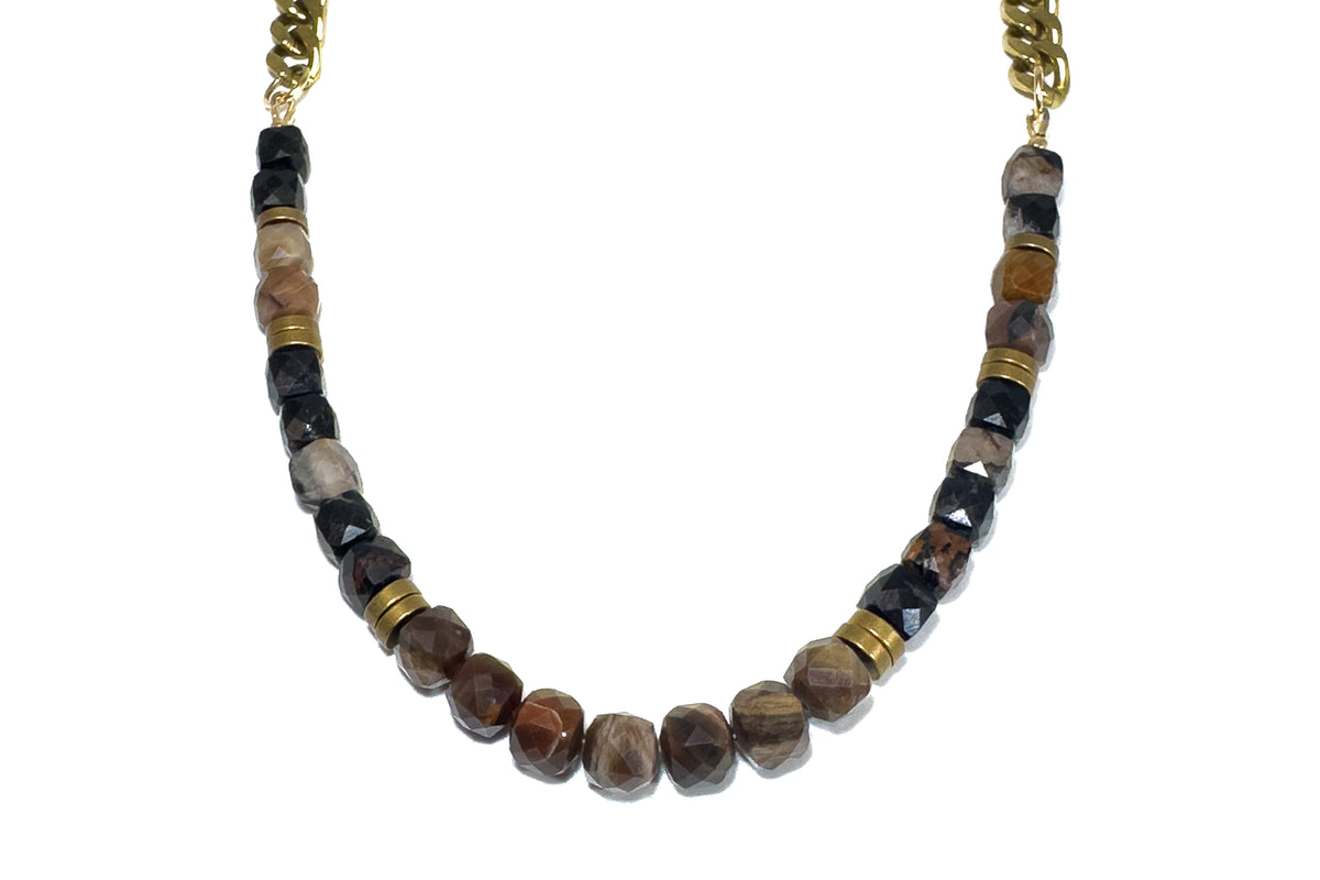 Rachel Nathan Petrified Wood & Tourmaline necklace, full front view of faceted petrified wood and black tourmaline cubes on brass curb chain