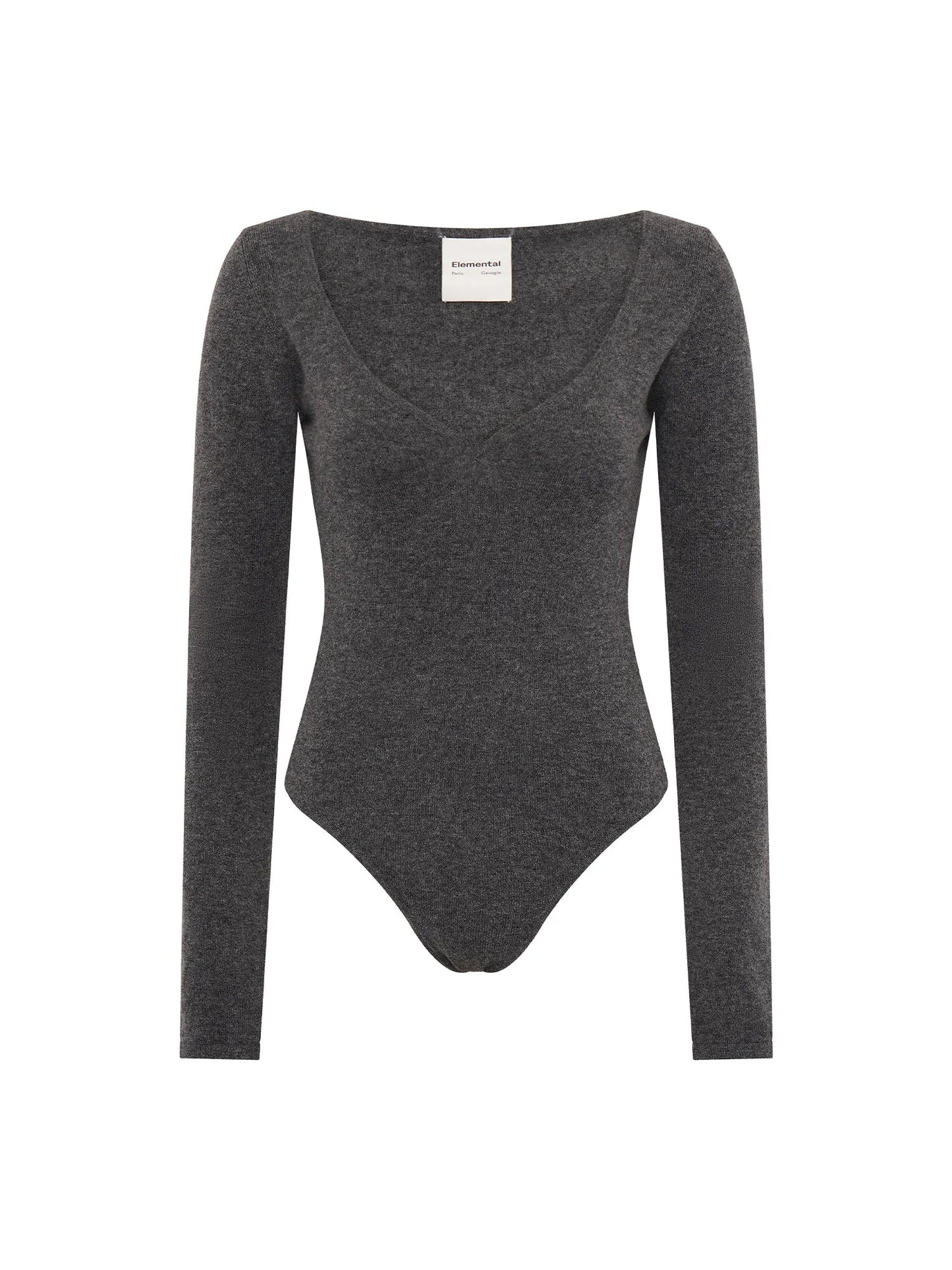 Paris Georgia Elemental Heart Bodysuit in Charcoal, deep V neckline merino cashmere knit bodysuit