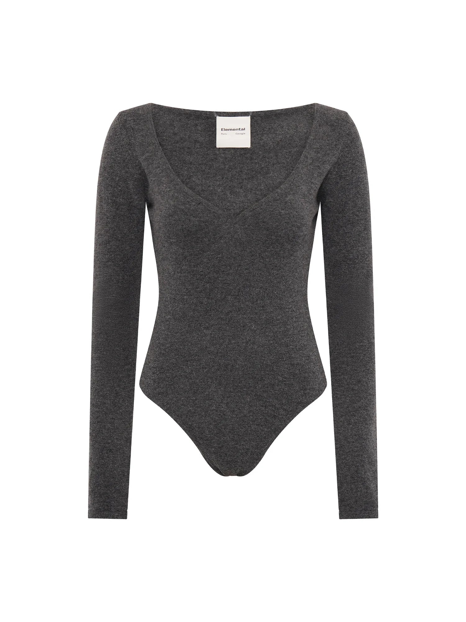 Paris Georgia Elemental Heart Bodysuit in Charcoal, deep V neckline merino cashmere knit bodysuit