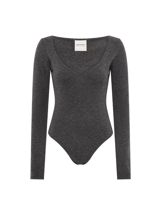 Paris Georgia Elemental Heart Bodysuit in Charcoal, deep V neckline merino cashmere knit bodysuit