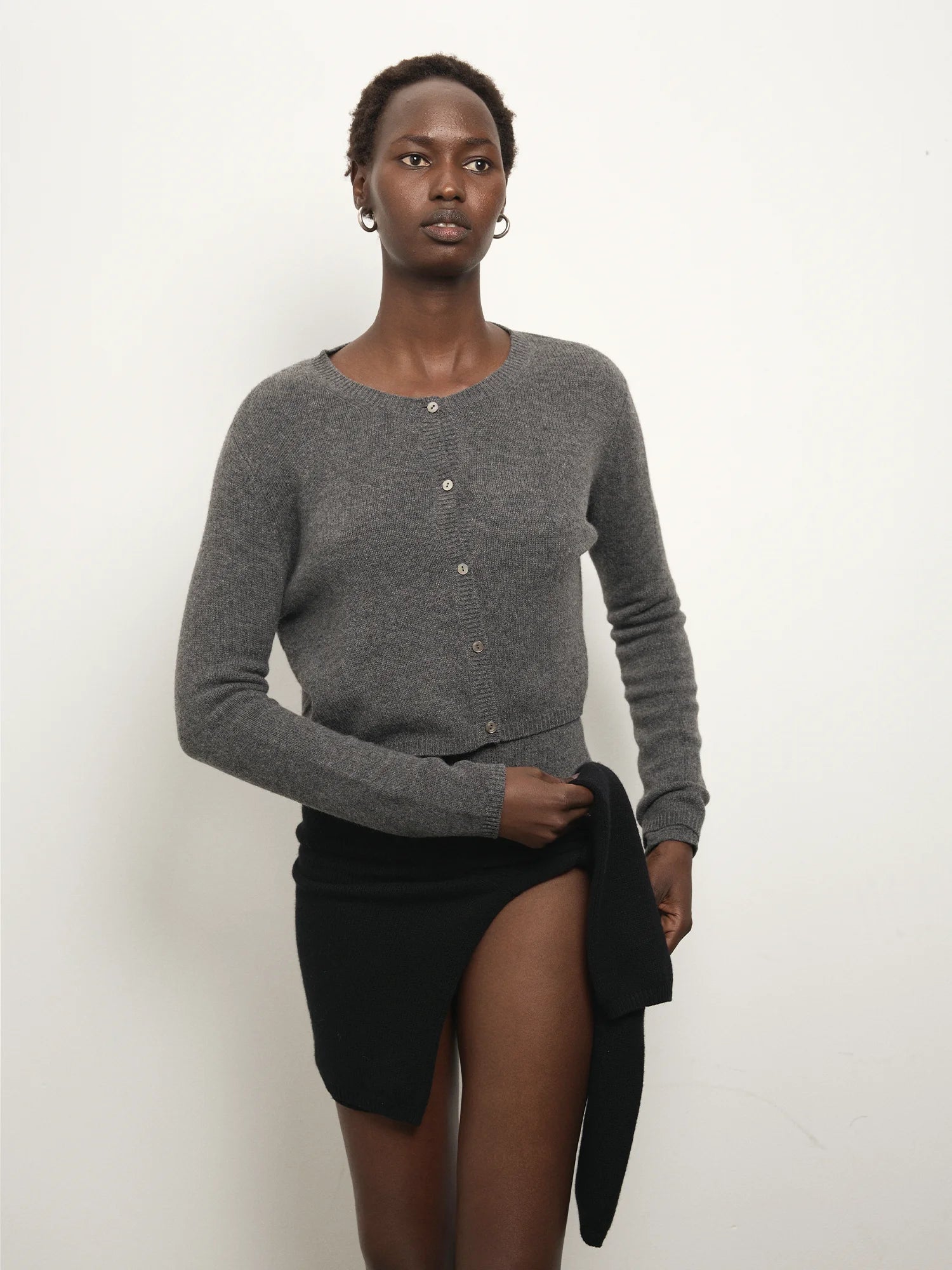 Paris Georgia Elemental Lola Cardi in Charcoal, cropped button-front merino cashmere cardigan