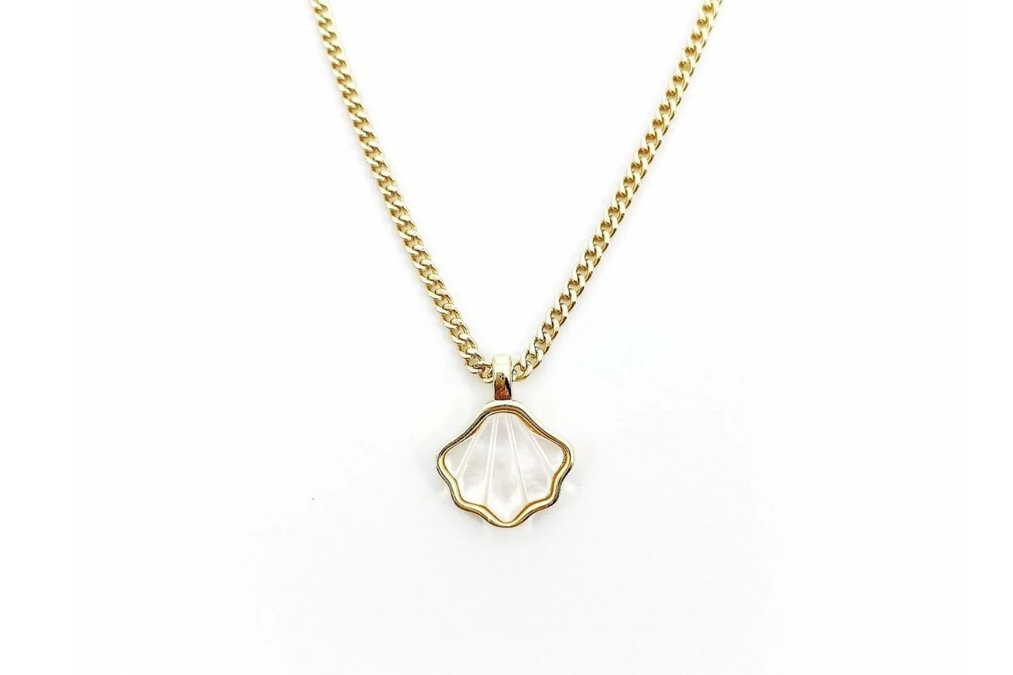 Rachel Nathan Mother of Pearl Seashell necklace, full front view of the gold-filled and mother of pearl shell pendant on gold-filled curb chain