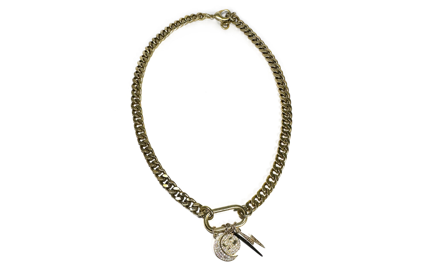 Rachel Nathan Race Track & Celestial Charms necklace, full front view of the gold-filled Race Track pendant and celestial charms on brass curb chain
