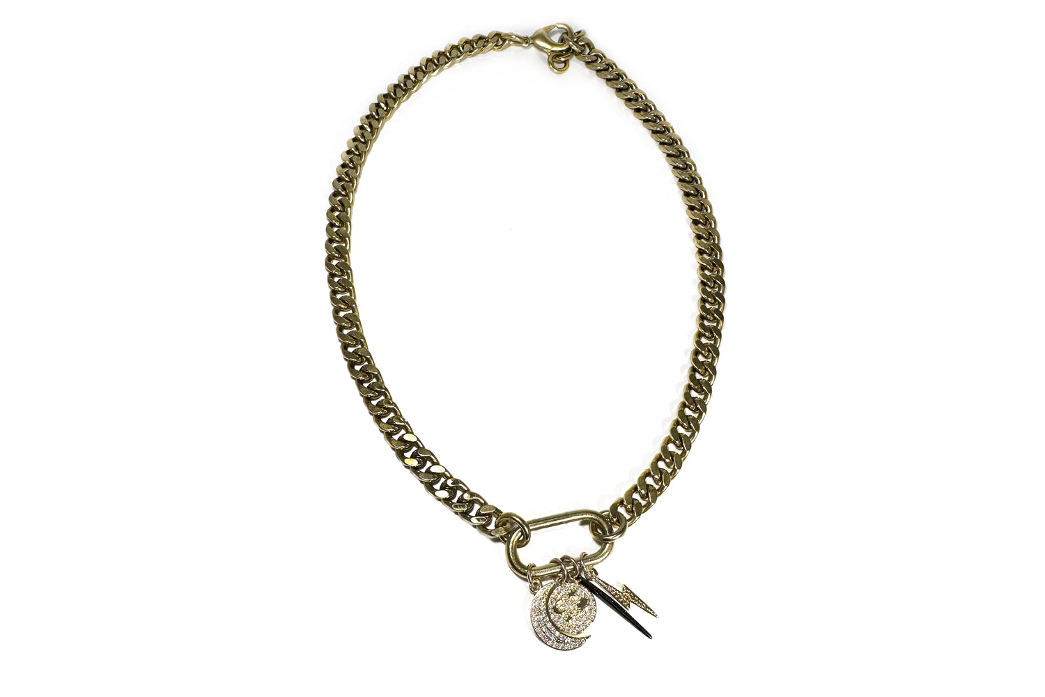 Rachel Nathan Race Track & Celestial Charms necklace, full front view of the gold-filled Race Track pendant and celestial charms on brass curb chain
