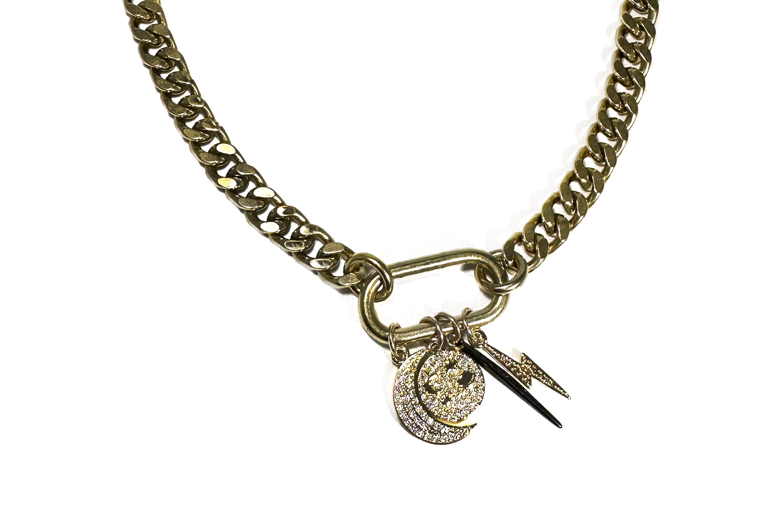 Rachel Nathan Race Track & Celestial Charms necklace, close view of the pendant and charms