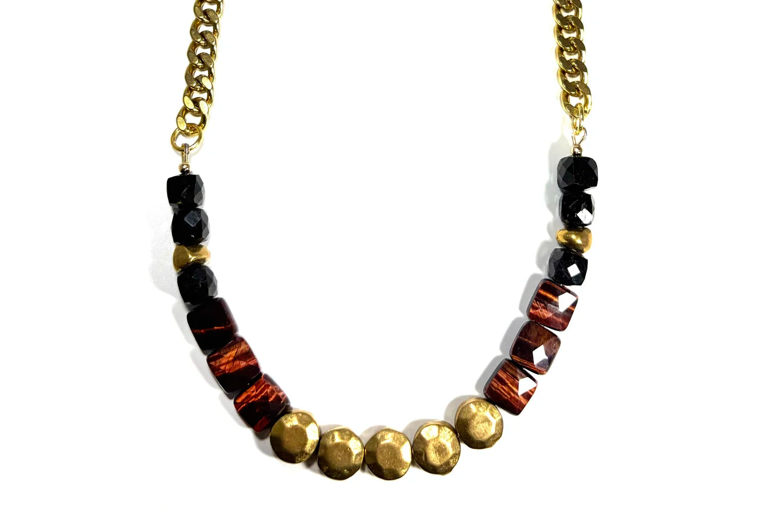 Rachel Nathan Red Tiger's Eye & Brass Sand Dollar necklace, full front view of faceted red tiger's eye cubes with Indian brass sand dollar beads on brass curb chain