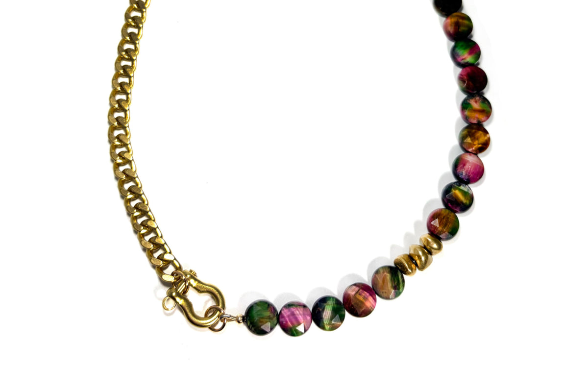 Rachel Nathan Shackle Single: Rainbow Tiger's Eye Coin necklace, full front view with faceted rainbow tiger's eye coin and brass shackle clasp