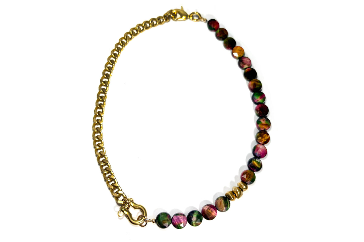 Rachel Nathan Shackle Single: Rainbow Tiger's Eye Coin necklace, alternate full view