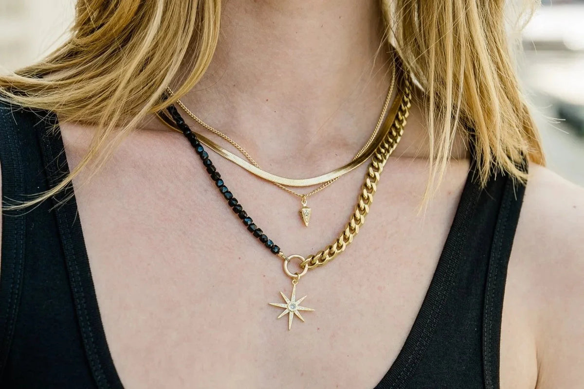 Rachel Nathan Spinel & Spur necklace shown on model, close view at the neckline