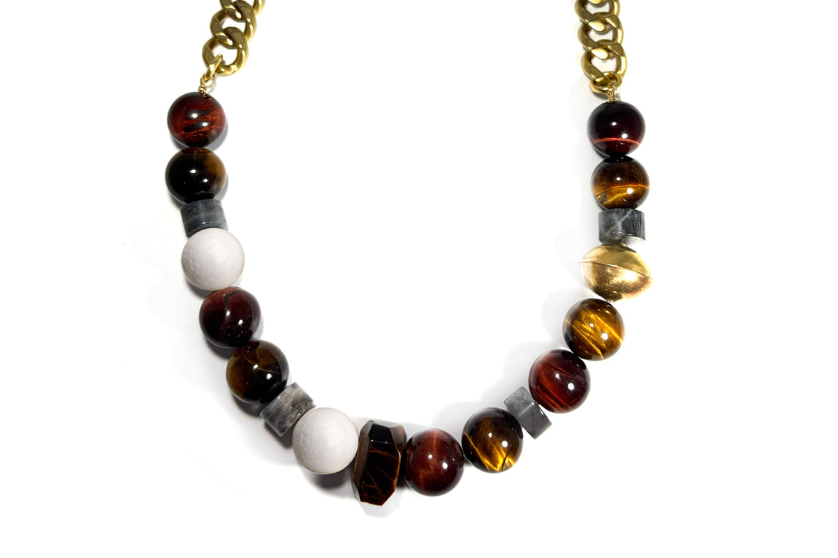 Rachel Nathan Big Beaded: Tiger's Eye necklace, full front view of polished tiger's eye rounds on brass curb chain