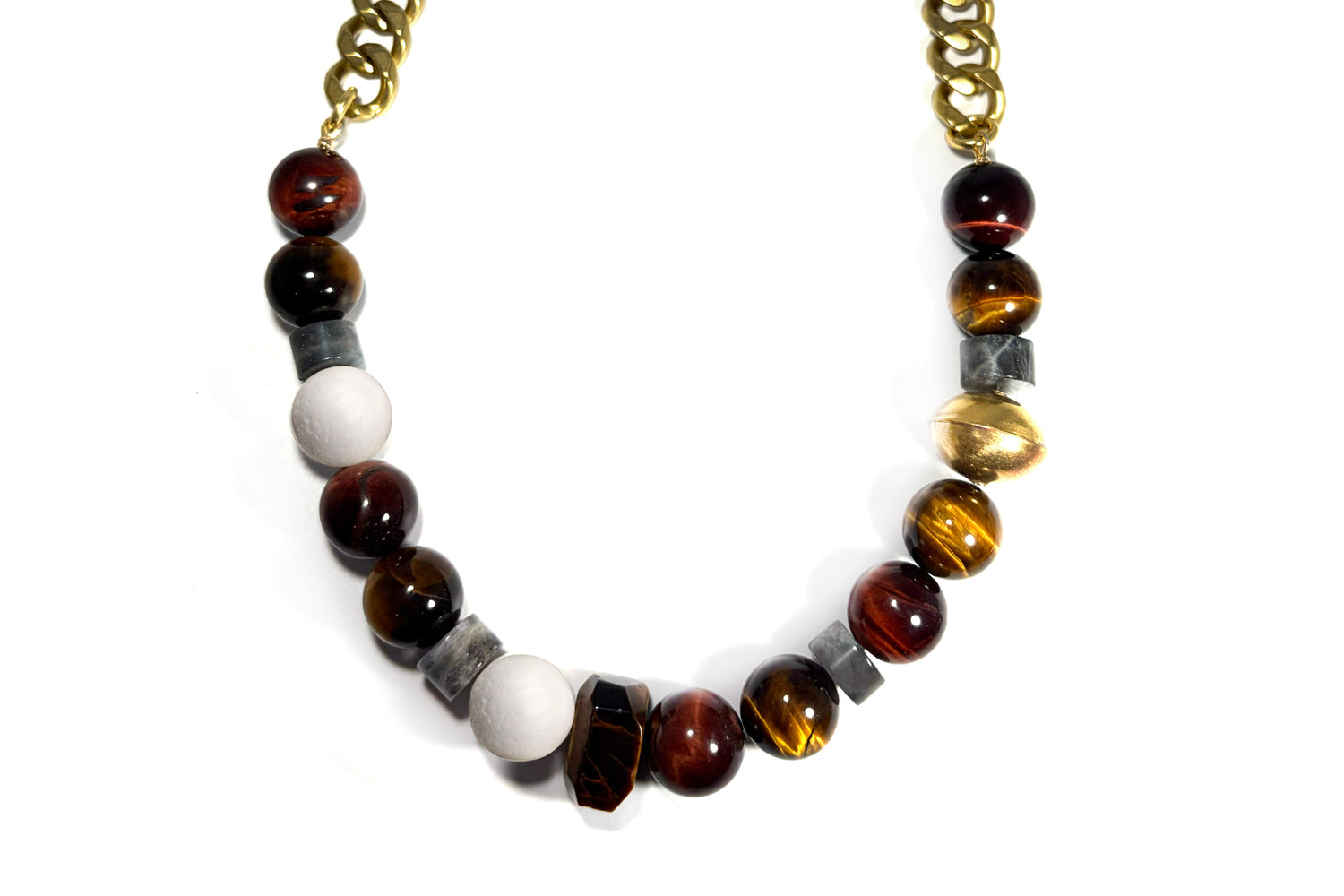 Rachel Nathan Big Beaded: Tiger's Eye necklace, full front view of polished tiger's eye rounds on brass curb chain