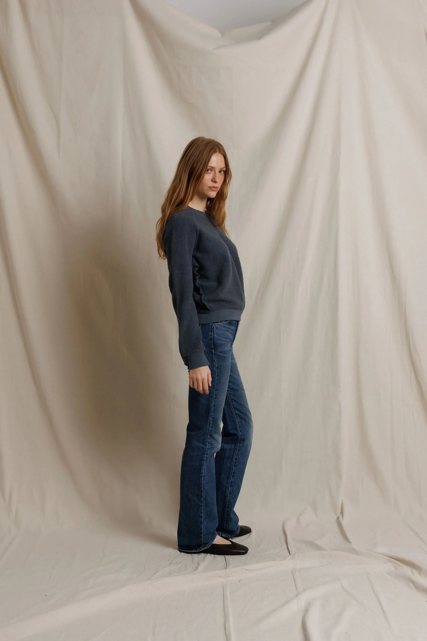perfectwhitetee Ziggy inside out fleece sweatshirt in Turbulence, alternate view on model