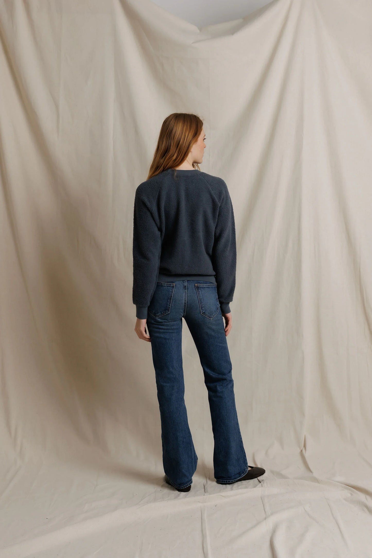 perfectwhitetee Ziggy inside out fleece sweatshirt in Turbulence, alternate view on model