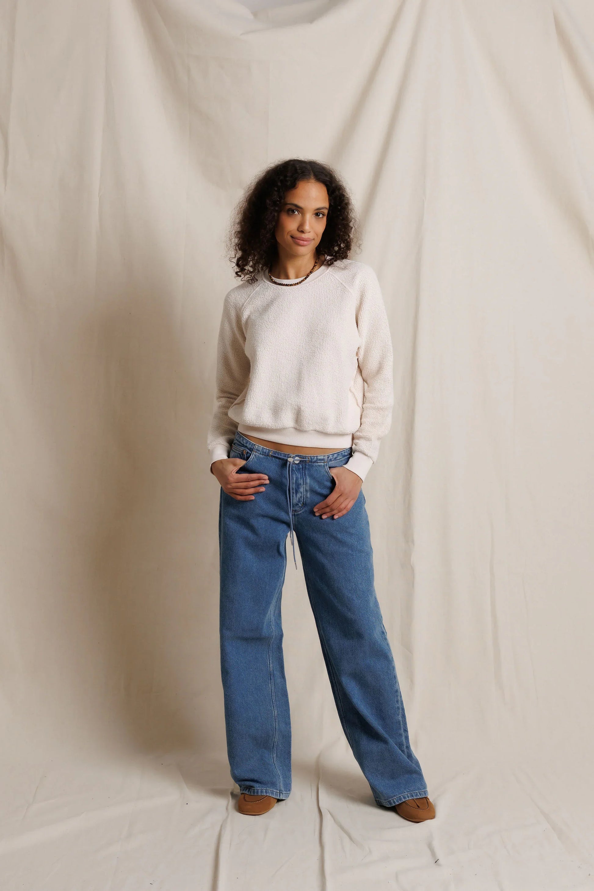 perfectwhitetee Ziggy inside out fleece crewneck sweatshirt in Whitecap Grey, shown on model