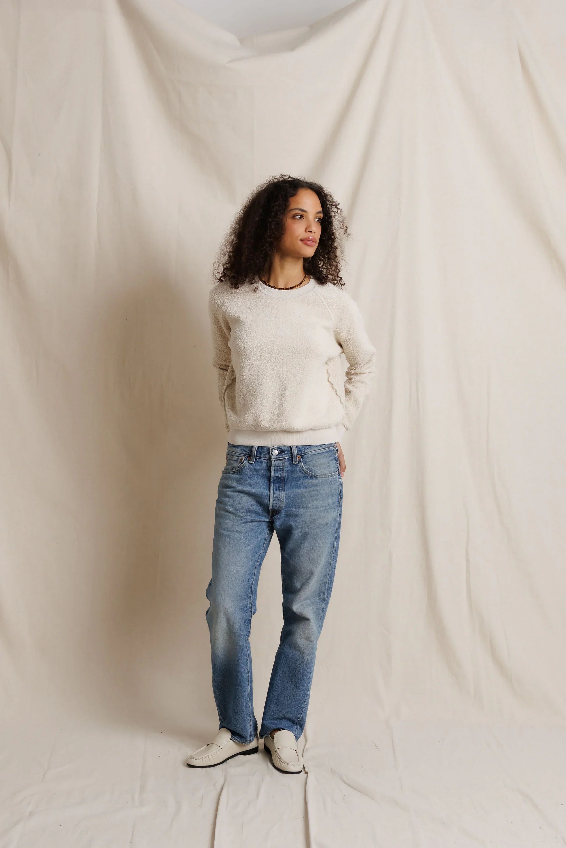 perfectwhitetee Ziggy inside out fleece sweatshirt in Whitecap Grey, alternate view on model